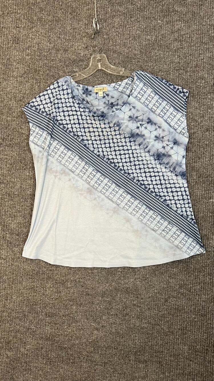 One World Top Womens Plus 1X Blue Bohemian Rhinestone Artsy Short Sleeve Casual